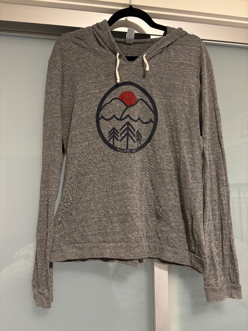 Heather Gray Long Sleeve Hooded Tee with Mountain Graphic